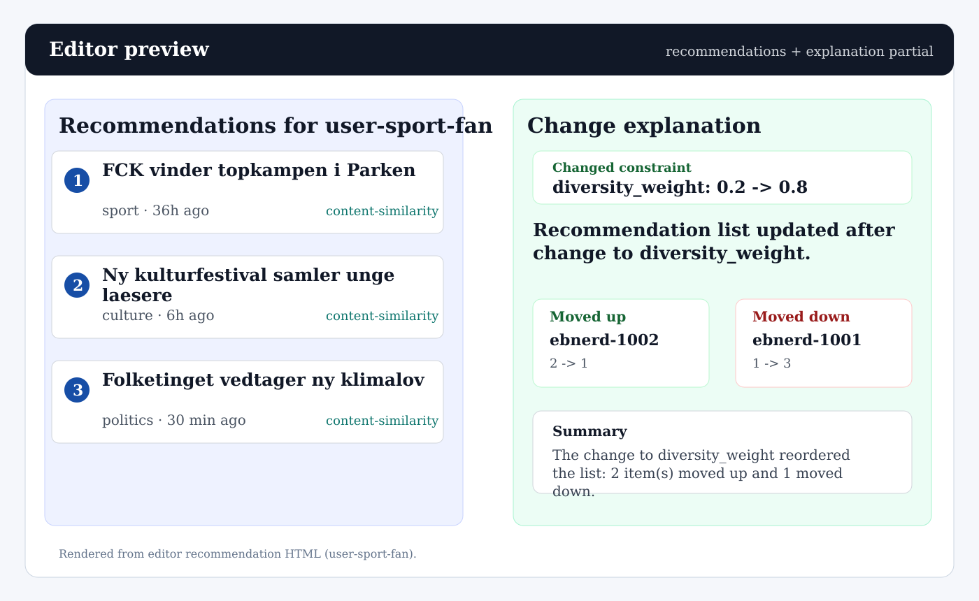 Editor showing recommendations and change explanation side by side